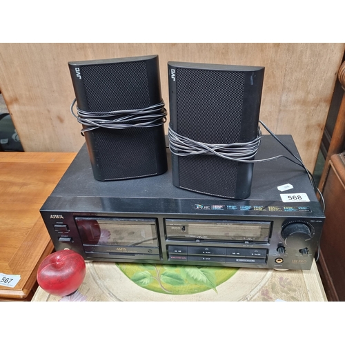 568 - An Aiwa HX Pro stereo cassette recorder and player. Model AD-F10. With two JVC surround speakers.