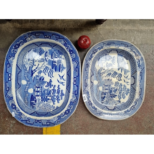 570 - Two large antique Willow Pattern serving platers. Including one very large example. In great conditi... 