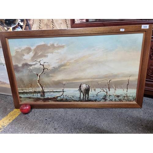 588 - A large original Peter Birch acrylic on board painting featuring a landscape view of an African plai... 