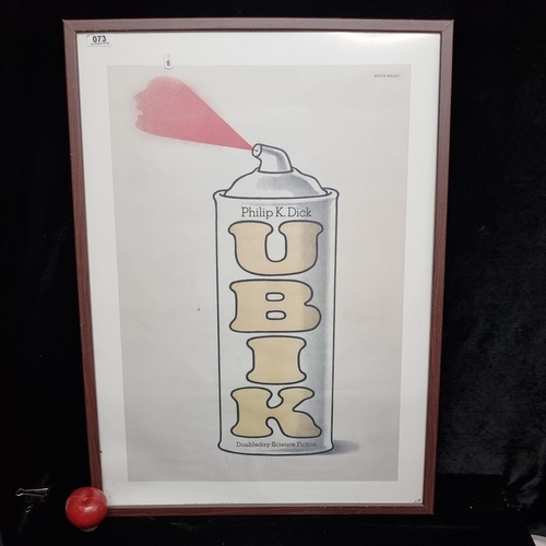 73 - A large framed poster featuring the book cover for Ubik by Philip K. Dick, published in 1969. Design... 