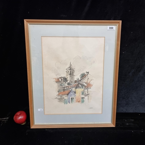 88 - A vintage original watercolour on paper painting dating to 1986. Features an uban landscape scene of... 