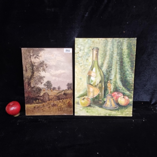 92 - A pair of vintage original oil on board paintings including a still life study of a wine bottle and ... 