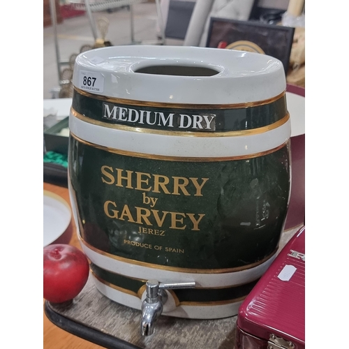 867 - A wonderful large porcelain Sherry by Garvey liquor barrel with chrome faucet to front.