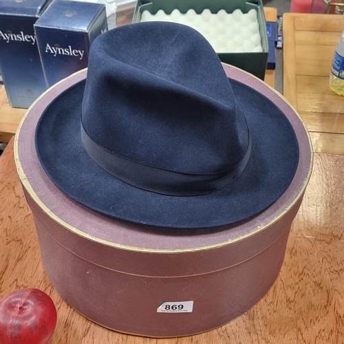 869 - A stylish designer Italian made Borsalino fedora hat. Sold by Herbert Johnson Hatters London. Sized ... 