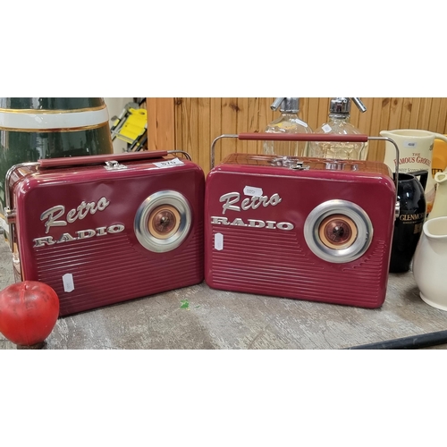 870 - Two British made lunch boxes in the form of two retro radios by The Silver Crane Company.