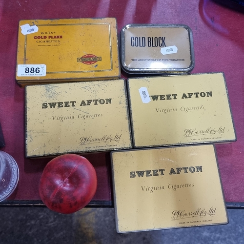 886 - A lot of five vintage cigarette tins including three for Sweet Afton Virginia Cigarette's, a Will's ... 