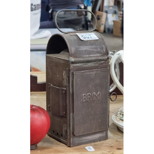 907 - A super  vintage British Railway oil lantern with red glass and marked 