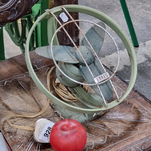 928 - A very cool 1950s Erres fan with a three-pronged plug and fittings for hanging on a wall.