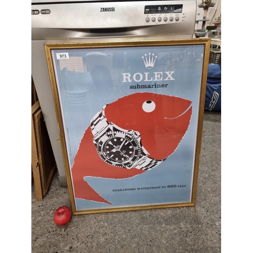 973 - A large print of a vintage advertising poster for Rolex Submariner. Held in a gilt frame.