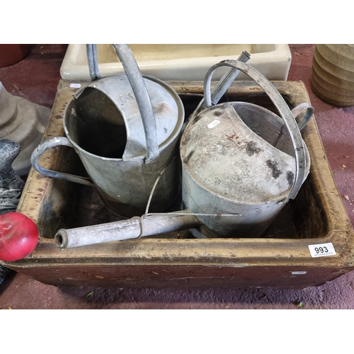 993 - A large vintage stoneware trough planter. With two galvinised metal watering cans. Dimensions of pla... 