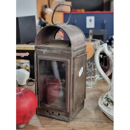 907 - A super  vintage British Railway oil lantern with red glass and marked 