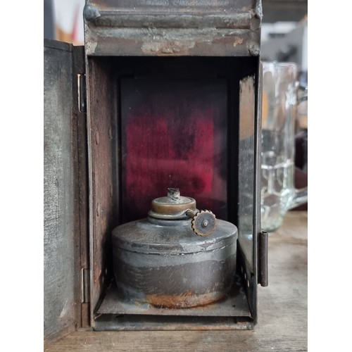 907 - A super  vintage British Railway oil lantern with red glass and marked 