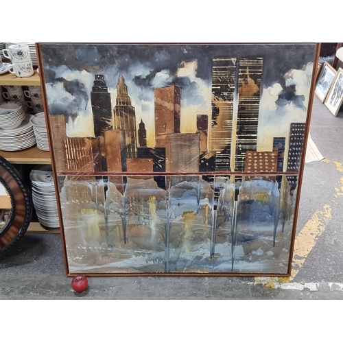 783 - Star Lot: A very large mixed media and paper collage on board painting. Features a reflected Manhatt... 