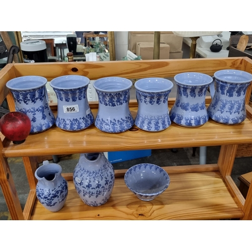 856 - Six large spongeware mugs with matching coffee pot, milk jug and bowl. Charming cornflower blue glaz... 