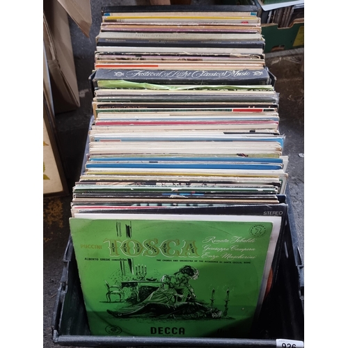 926 - A crate containing approx. 110 vinyl LP records with many classical examples.