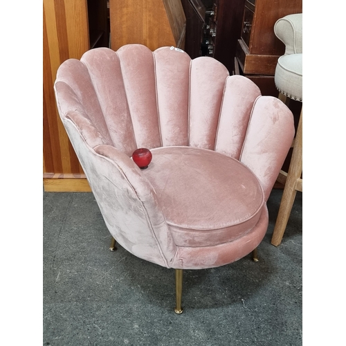 940 - Star Lot - A beautiful pink velvet Art Deco style lounge chair in a clam Shell form. Featuring pale ... 