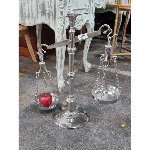 942 - A pair of contemporary chrome decorative scales with bevelled central stem and chain linked scales. ... 