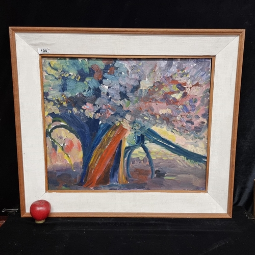 104 - A vintage original oil on canvas painting featuring an expressionistic composition in a rich palette... 