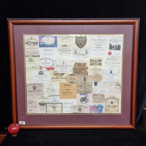 106 - A collection of antique and vintage French wine labels. Displayed in a vintage wooden frame with bur... 