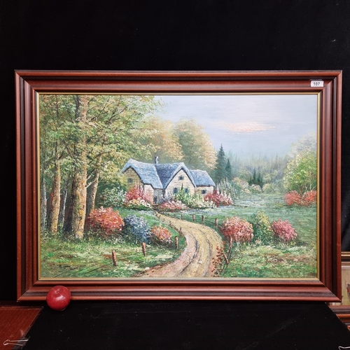 107 - A very large vintage original oil on canvas painting showing a rural landscape scene. Rendered in an... 