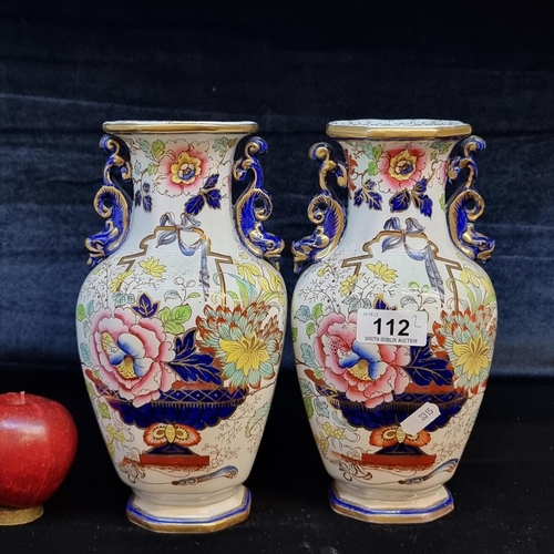 112 - A beautiful antique pair of Mason's Ironstone China vases.  Features rich floral design and gilded d... 