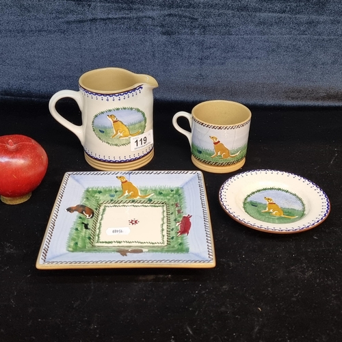 119 - Four Nicholas Mosse Pottery items including plate, saucer, mug and cream jug. All in the same dog pa... 