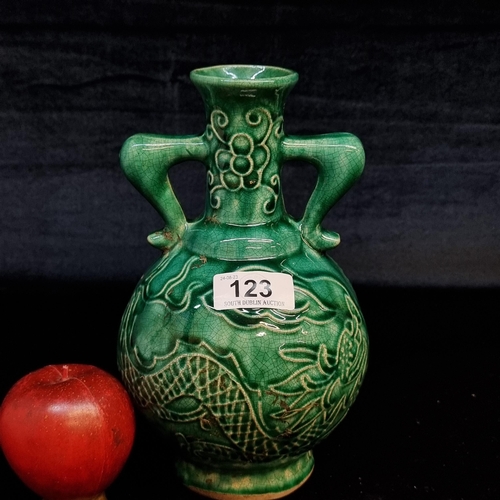 123 - Star lot : A beautiful antique Chinese vase featuring a traditional dragon motif and a turquoise gla... 