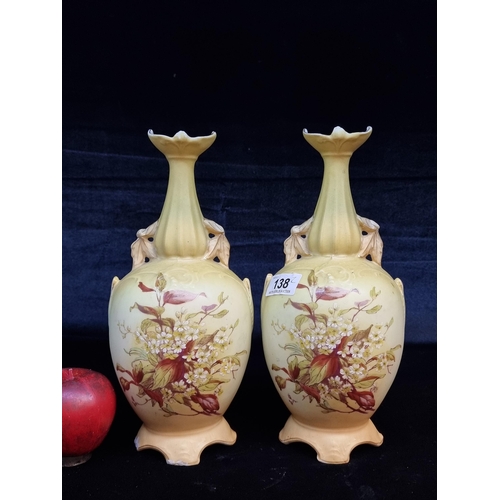 138 - A pair of elegant RH Austrian vases with beautiful floral design and foliate handles. One has some l... 