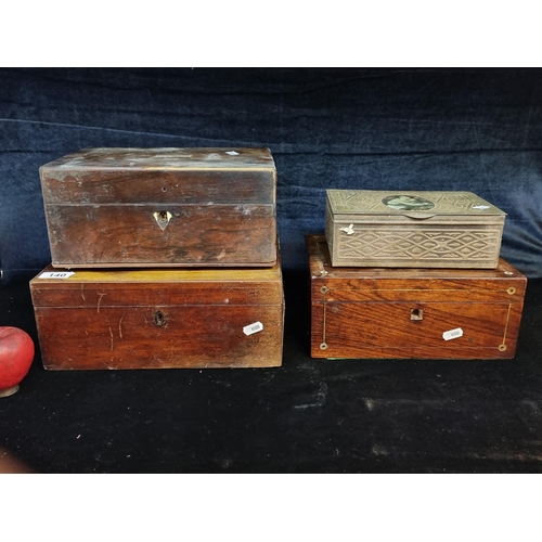 140 - Four antique boxes including three wooden examples and tin example with embossed design. Would look ... 