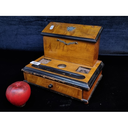 161 - A vintage wooden stationary box  with compartment to top, space for a pen and inkwells and a drawer ... 