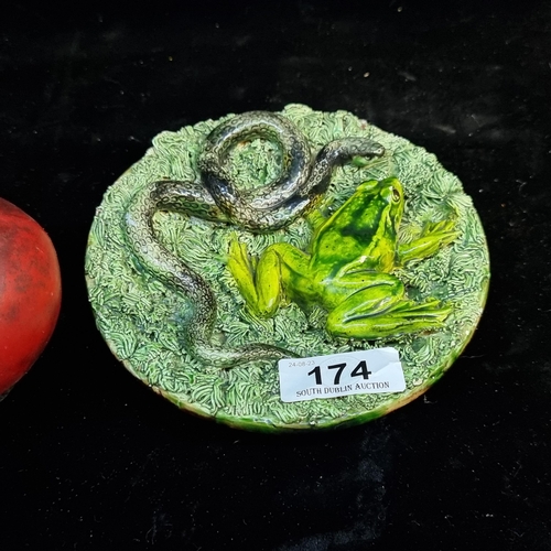 174 - A charming 19th century Majoliica  sculptural wall plate with a frog and snake on grass. With string... 