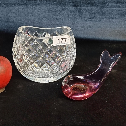 177 - Two items including Waterford Crystal vase and an art studio  glass fish tail pipe stand. Both in VG... 