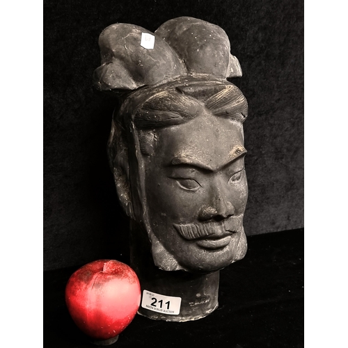 211 - A handsome  antique Japanese clay bust . With artist signature to neck. H29cm striking piece.