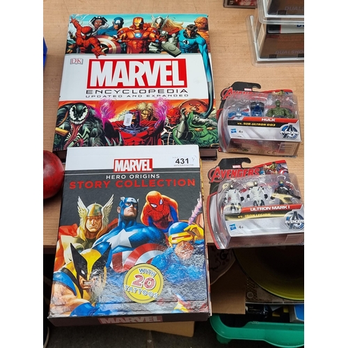 431 - Four Marvel branded collector's items. Including the book ''Marvel: Hero Origins Story Collection'',... 