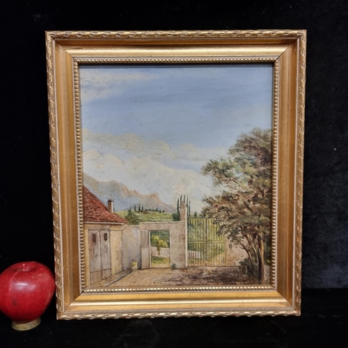 63 - An original oil on board painting of a Tuscan walled garden and landscape beyond. Classic Italian Cy... 