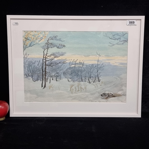 69 - An original French watercolour on paper painting featuring a snowy landscape scene of bare wintery t... 