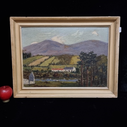 70 - An original vintage oil on board painting featuring traditional riverside cottages set against a blu... 