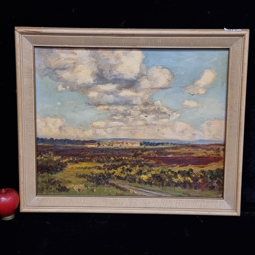 71 - An original vintage oil on board painting titled 'Spring on the Moor'. Featuring a moorland landscap... 