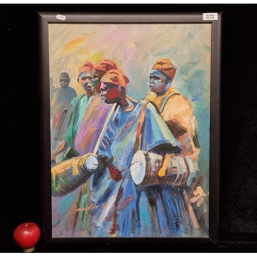 72 - Star Lot: A bright original Aina Felix (b. 1979, Nigerian) oil on canvas painting of Bata drummers. ... 