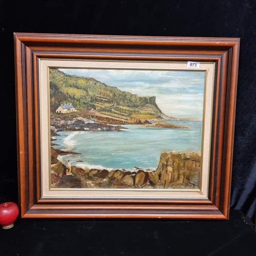 73 - A vintage original oil on board painting featuring a sheltered bay and headland with two figures obs... 