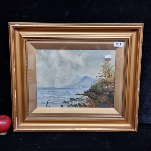 81 - An antique original oil on board painting showing a coastal landscape scene. Finely rendered in swif... 