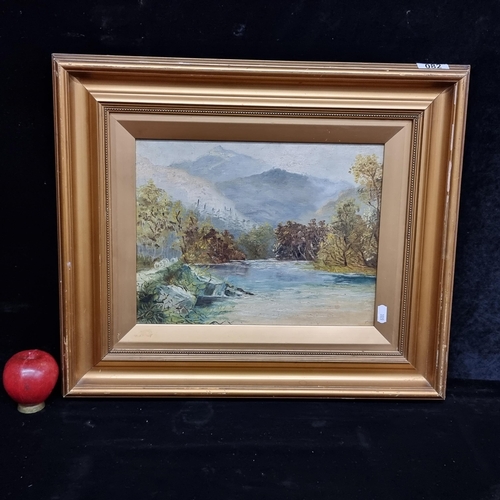 82 - An antique original oil on board painting showing a lakeside landscape scene. Finely rendered in swi... 