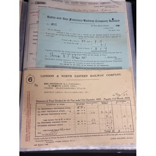 154 - A folder holding approx. 29 stock interest warrants and other documents from various railway compani... 