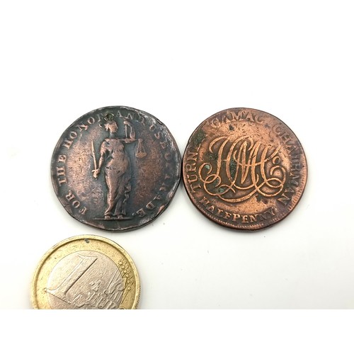 11 - A collection of two early George III coins, A Dublin copper 1/2 penny, circa 1794. Featuring a seate... 