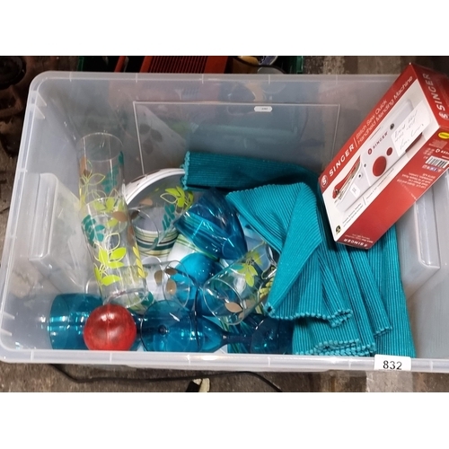 832 - A large box of as new useful picnic crockery. Including stemmed glasses, tumbler glasses, mugs and b... 