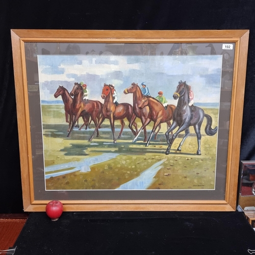 102 - Star Lot : A very large original oil on canvas board painting after John Skelton. Featuring racehors... 