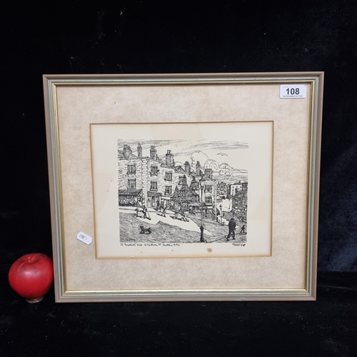 108 - A print of an engraving originally by Harry Kernoff titled 'St Michael's Hill, Wine Tavern Street, D... 