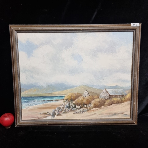 115 - An original oil on board painting featuring a coastal landscape scene dominated by an expanse of clo... 