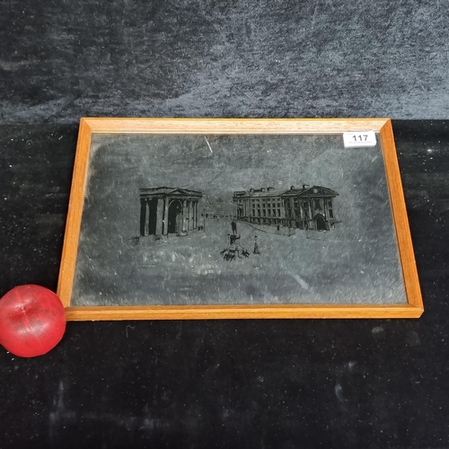 117 - A printed mirror showing Dublin's College Green including the Bank of Ireland and Trinity College. H... 