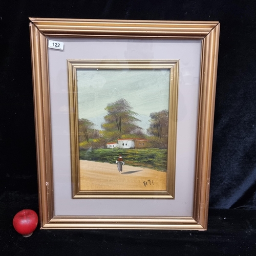 122 - An original oil on board painting showing a Mediterranean landscape scene with single figure. Render... 